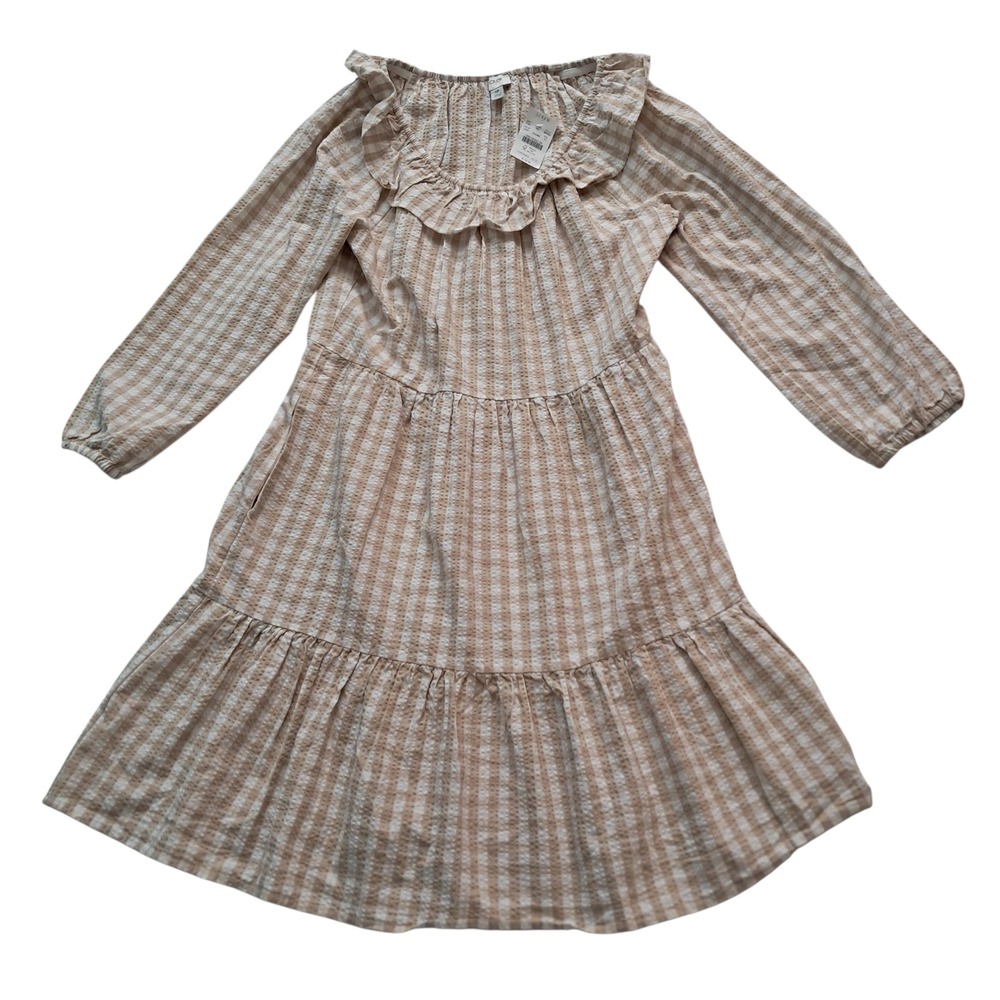 NWT J. Crew Factory Seersucker Ruffle Cotton Mini Dress Women's 12 Beige Gingham